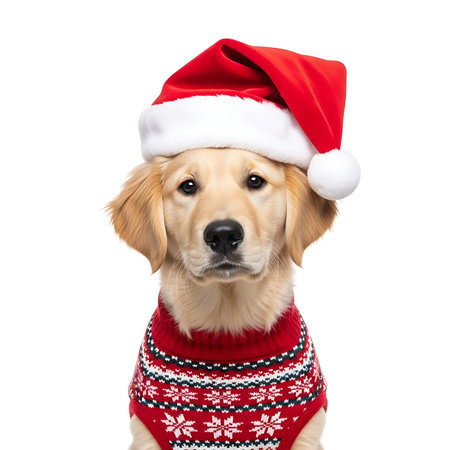 A cute golden retriever puppy with a red Santa hat and a festive red and white patterned Christmas sweater looks directly at the camera, isolated on a white background. Perfect for holiday themes.の素材