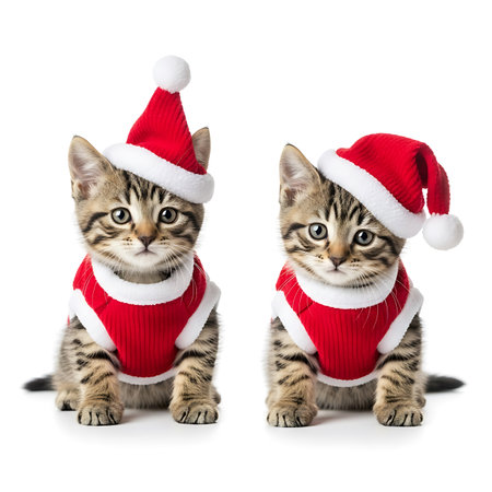 Two cute tabby kittens wearing Santa hats and red festive sweaters sit side by side, isolated on a white background, perfect for Christmas and holiday themes.の素材