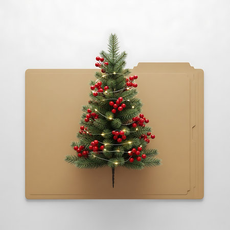 A small, decorated evergreen Christmas tree with red berries and twinkling fairy lights stands upright in front of a stack of brown file folders, symbolizing holiday organization.の素材