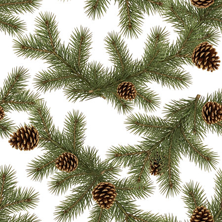A festive seamless pattern featuring realistic pine branches with textured pine cones, perfect for winter holidays, Christmas, and New Year's celebrations. Isolated on white.の素材