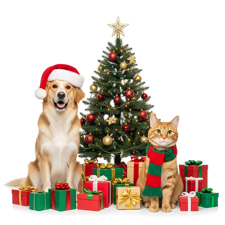 A golden retriever wearing a Santa hat and an orange tabby cat wearing a scarf sit near a decorated Christmas tree surrounded by gift boxes, celebrating the holiday season. Isolated on white.の素材