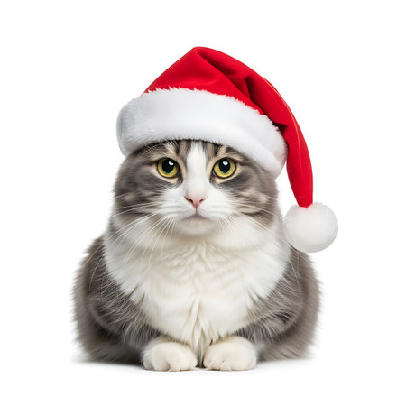 A cute, fluffy grey and white cat sits patiently wearing a red Santa hat. The feline has striking yellow eyes and is isolated against a clean white background.の素材