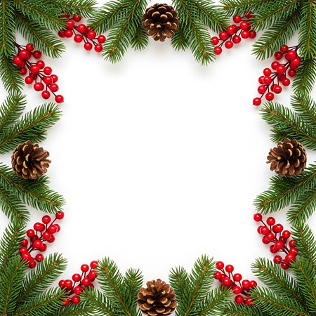 Festive Christmas fir branches, red holly berries, and pine cones arranged as a decorative border on a white background, leaving ample copy space for text or design.の素材