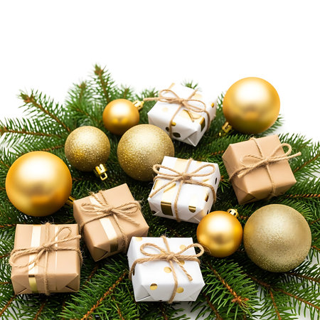 Festive arrangement of golden baubles and gift boxes with twine, nestled amongst lush green pine tree branches, creating a warm and celebratory holiday atmosphere.の素材