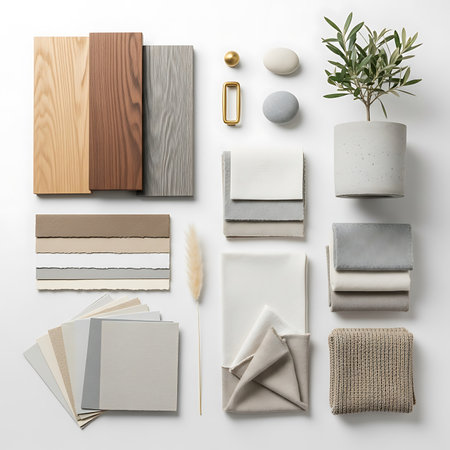 A flat lay composition showcasing wood samples, fabric swatches, textured paper, and a small olive tree plant, ideal for interior design mood boards.の素材