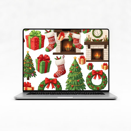 A vibrant collection of holiday icons, including Christmas trees, gifts, stockings, wreaths, and fireplaces with crackling fires, displayed on a modern laptop screen. Perfect for seasonal promotions.の素材