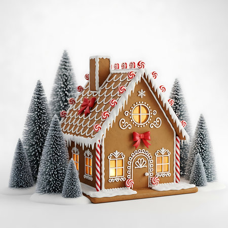 A charming and detailed gingerbread house, adorned with red bows, candy canes, and icing, stands amidst snowy miniature pine trees, evoking holiday cheer and winter magic.の素材