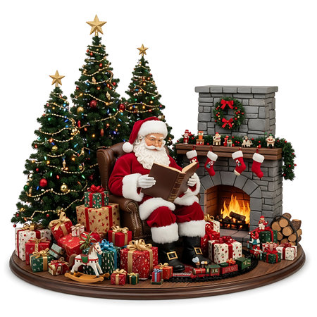 A detailed festive scene featuring Santa Claus reading a book in an armchair, surrounded by decorated Christmas trees, presents, stockings by a fireplace, and a toy train.の素材