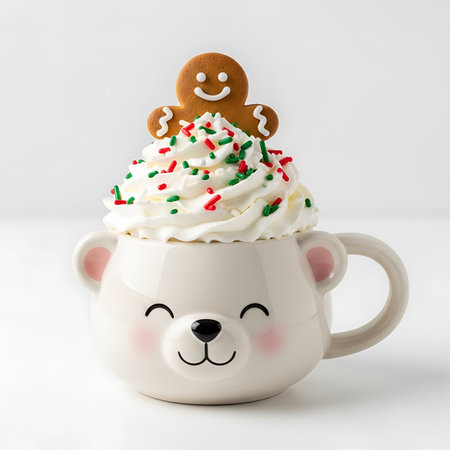 A festive and adorable bear-shaped mug filled with fluffy whipped cream, topped with a cheerful gingerbread man cookie and colorful holiday sprinkles, perfect for winter celebrations.の素材