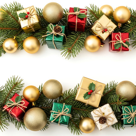 A festive arrangement featuring golden baubles and colorful gift boxes tied with twine, nestled amongst lush green pine branches, evoking holiday cheer and seasonal celebration.の素材