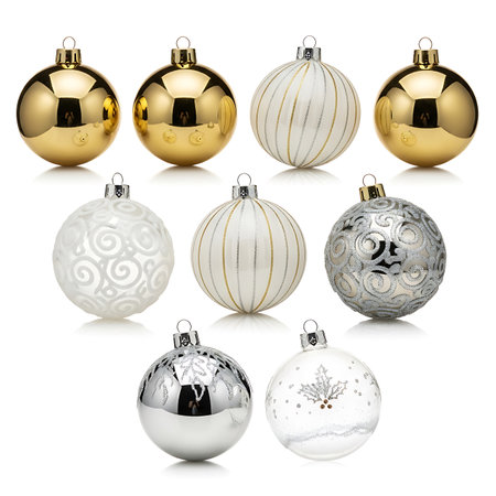 A collection of eight decorative Christmas baubles, featuring elegant designs in gold, silver, and white, perfect for festive holiday celebrations and seasonal decor.の素材
