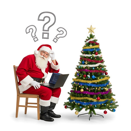Santa Claus, dressed in his iconic red suit, sits on a chair with a laptop, looking puzzled with question marks hovering above. A decorated Christmas tree stands nearby, creating a festive yet uncertain scene. Perfect for holiday tech or confusion themes.の素材