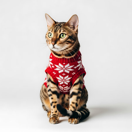 A domestic Bengal cat with green eyes and distinctive spotted fur sits patiently, dressed in a festive red knitted sweater adorned with white snowflake patterns, against a plain white backdrop.の素材