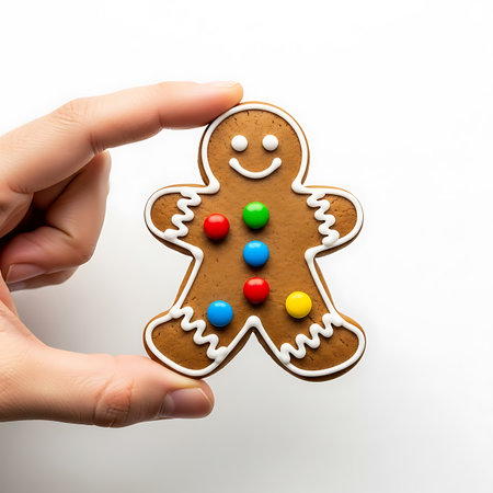 A festive gingerbread man cookie, decorated with white icing and bright, colorful candy pieces, is held between fingers against a clean white background, perfect for holiday themes.の素材