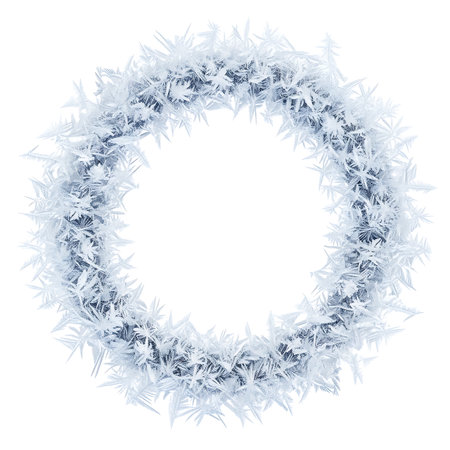 A close-up, isolated image of a circular formation composed of intricate frost and ice crystals, showcasing delicate snowflake-like patterns against a clean white background, evoking winter.の素材