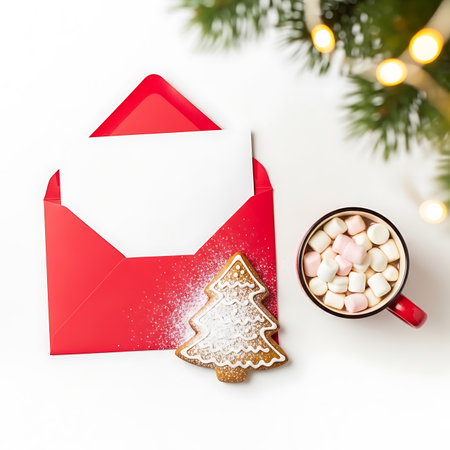 A festive Christmas scene featuring a red envelope with blank card, a gingerbread tree cookie dusted with powdered sugar, and a mug of hot chocolate topped with marshmallows, set against a clean white surface with pine branches and bokeh lights.の素材