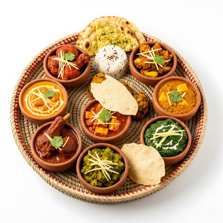 A beautifully arranged platter features a variety of traditional Indian curries, including chicken tikka, paneer, and dal, served with fluffy rice, naan bread, and crispy papadums.の素材
