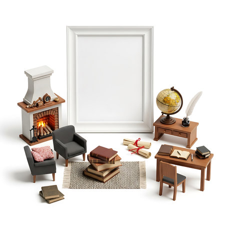 A detailed miniature diorama featuring a cozy fireplace, vintage desk with globe and inkwell, stack of books, chairs, and scrolls, perfect for illustrating education or history themes.の素材