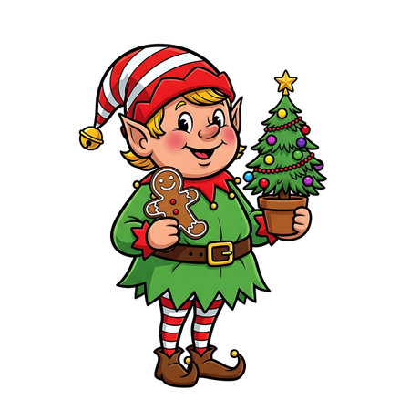 A cheerful cartoon elf wearing a red and white striped hat and green tunic holds a gingerbread man cookie in one hand and a small potted Christmas tree in the other.の素材