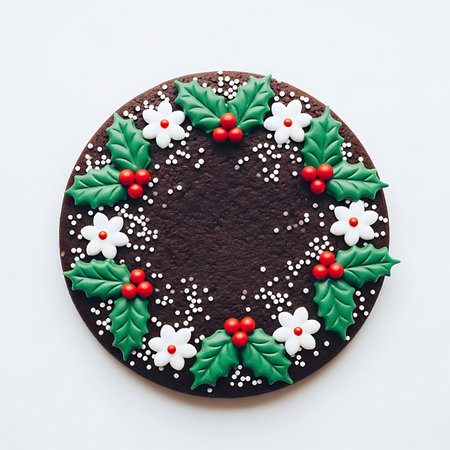 A festive chocolate cookie designed as a Christmas holly wreath, adorned with green leaves, red berries, and small white flowers, sprinkled with white sugar dots on a plain background. Perfect for holiday themes.の素材