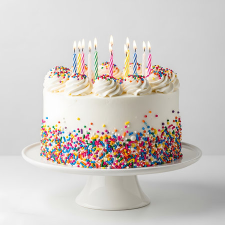 A festive white birthday cake adorned with vibrant sprinkles and lit colorful candles, presented on a classic white cake stand, perfect for celebrations.の素材