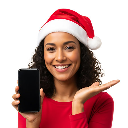 A happy woman in a Santa hat holds a smartphone, presenting it for holiday shopping or festive app use on a clean white background. Joyful Christmas concept.の素材
