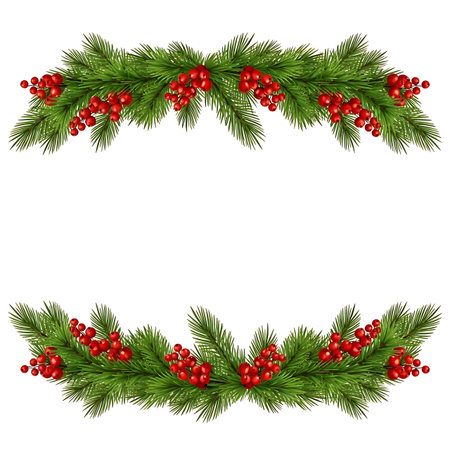 Festive Christmas garland composed of vibrant green pine needles and clusters of bright red berries, isolated on a clean white background. Ideal for holiday designs.の素材