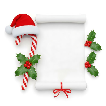 A white scroll with a red ribbon is adorned with a candy cane, Santa hat, and holly. Isolated on a white background, perfect for holiday messages and designs.の素材