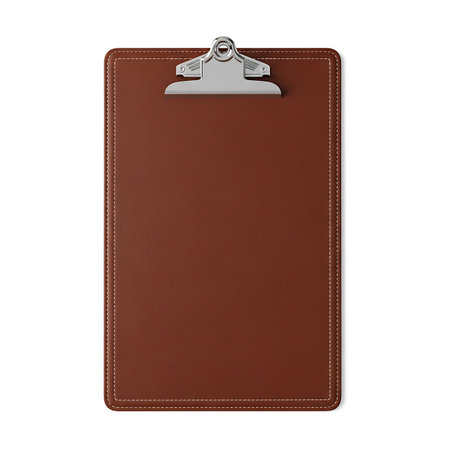 A brown leather clipboard with a silver metal clip and white stitching, shown in a top-down view against a clean white backdrop. Ideal for office, business, or design themes.の素材