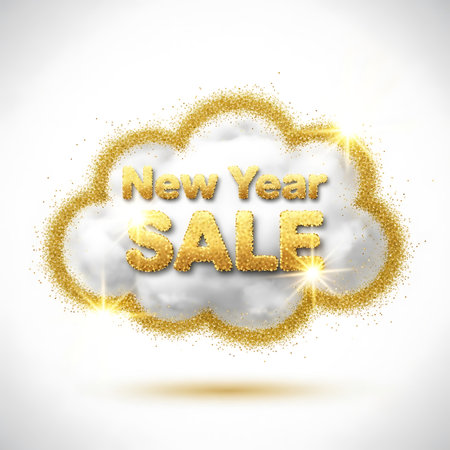 Luxurious 3D golden text reading 'New Year Sale' emerges from a fluffy cloud surrounded by sparkling gold glitter, set against a bright white background with light flares.の素材