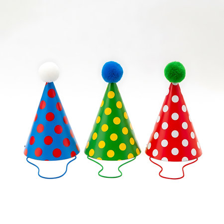 Three cone-shaped party hats, one blue with red dots, one green with yellow dots, and one red with white dots, each topped with a fluffy pom pom, isolated on a white background.の素材