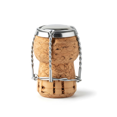 A close-up studio shot of a champagne cork stopper with its metal wire cage, isolated against a clean white background. Perfect for celebrations and beverage themes.の素材