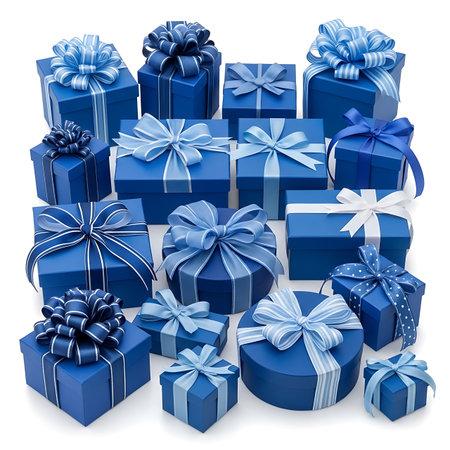 An assortment of various sized blue gift boxes, each adorned with elegant bows and ribbons, neatly arranged on a clean white backdrop, symbolizing celebration and presents.の素材