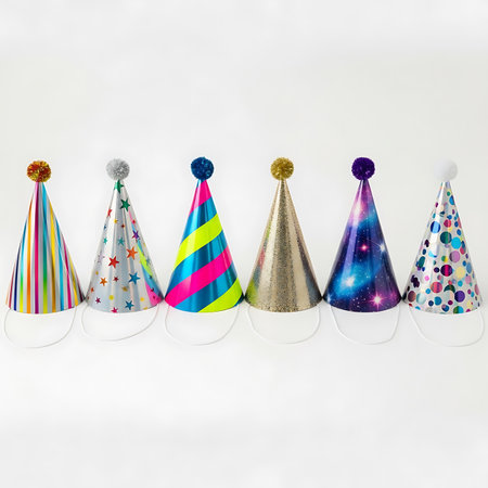 Six distinct party hats, featuring colorful stripes, stars, glitter, galaxy, and polka dots, are neatly arranged against a clean white backdrop, ready for celebration.の素材