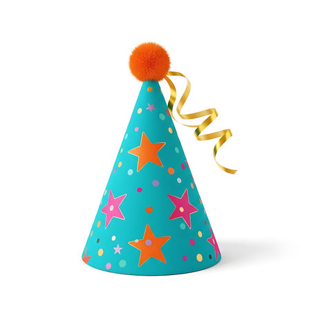A vibrant turquoise birthday hat adorned with stars and dots, topped with a fluffy orange pom pom and a curling gold ribbon, presented on a clean white background for versatile use.の素材