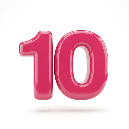 A shiny, three-dimensional pink number '10' rendered in a glossy material, floating on a plain white background. Perfect for celebrating milestones or anniversaries.の素材