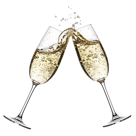 Close-up of two elegant champagne flutes filled with golden bubbly champagne, mid-clink, with a dynamic splash and bubbles rising, isolated on white.の素材