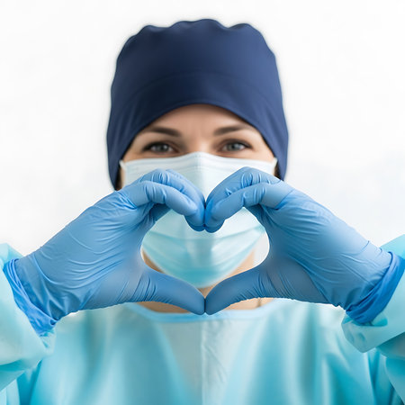 A healthcare professional, wearing a surgical mask, blue gloves, and cap, forms a heart symbol with her hands, conveying care and support in the medical field.の素材