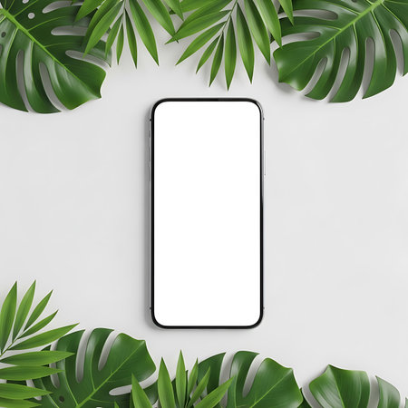 A modern smartphone with a blank white screen is centrally placed on a light gray surface, framed by vibrant green tropical leaves, offering ample copy space for design.の素材