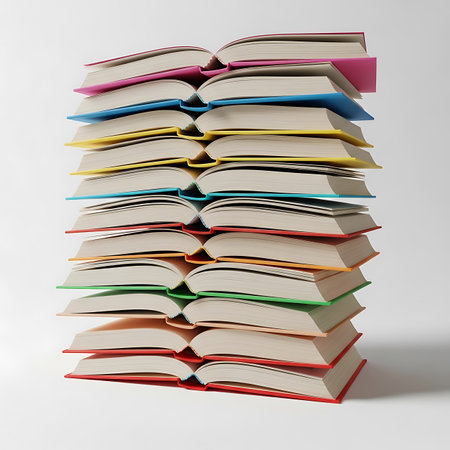 A tall stack of open books with brightly colored covers, arranged in a visually appealing manner. Ideal for concepts related to education, library, reading, and wisdom.の素材