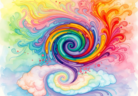 Vibrant watercolor painting of a rainbow swirl merging with soft clouds, creating a dreamy atmosphere.の素材