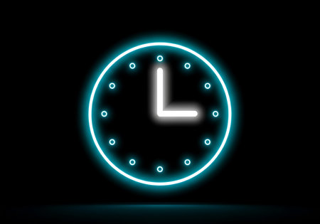 A bright cyan neon clock face glows against a dark backdrop, showing precisely 3:00.の素材