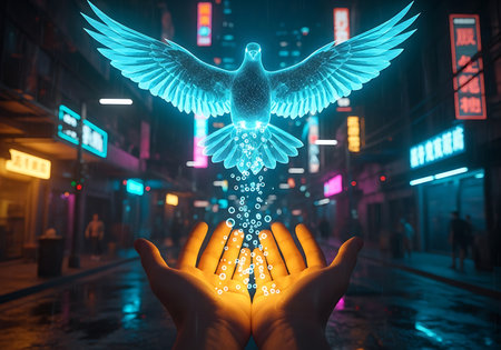 Hands reaching up to a luminous digital dove against a vibrant, rainy neon cityscape at night.の素材