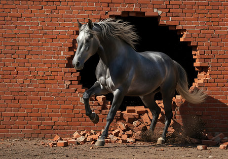 A powerful gray horse bursts through a red brick wall, kicking up dust and debris, symbolizing freedom.の素材