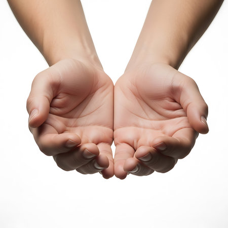 Two open, empty hands cupped together, palms up, reaching forward against a white background.の素材