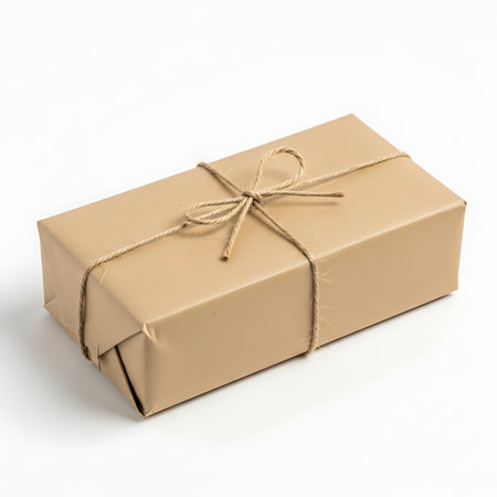 A rectangular gift box wrapped in simple brown kraft paper and secured with rustic twine.の素材