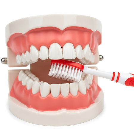 Close-up view of a dental hygiene model showing a toothbrush cleaning white teeth for good oral care.の素材