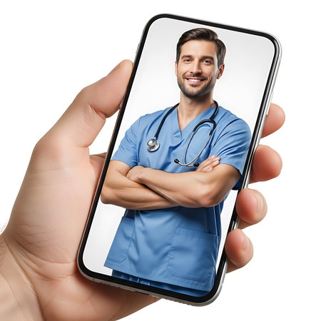 Male doctor with stethoscope in scrubs visible on a smartphone screen, arms crossed.の素材