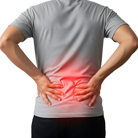 Close-up of a man holding his lower back with a red glow indicating pain and inflammation.の素材