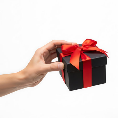A hand presents a closed black gift box tied with a vibrant red satin ribbon and bow.の素材
